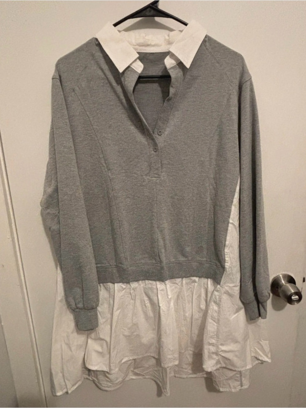 Gray and White Long Sleeve Layered Shirt Dress
